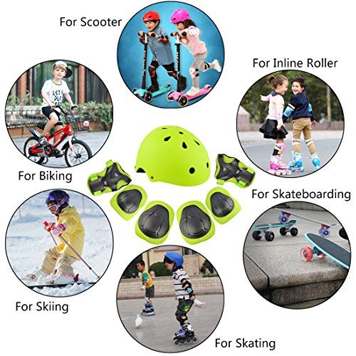  WOLFBUSH Kids Protective Gear, 7Pcs Set Elbow Wrist Knee Pads and Helmet Sport Safety Protective Gear Guard for Children Skateboard Skating Cycling Riding Blading - Light Green S