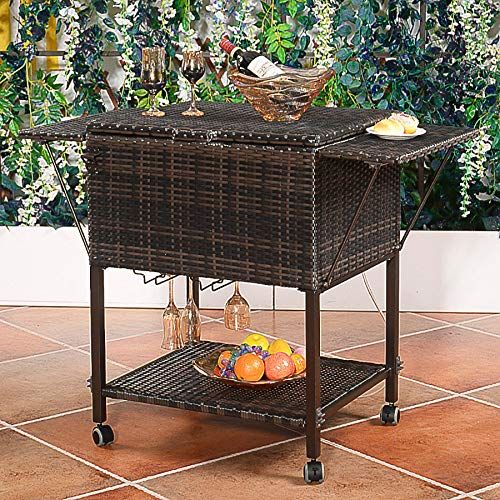  Jnwd jnwd Wicker Cooler Cart Outdoor Rattan Style Patio Modern Cool Bar Station Furniture Brown Rolling Drinks Table for Porch, Balcony, Backyard, Poolside Events, Party, Living Room &