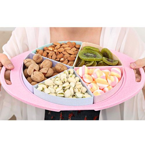 Kaimaily Snack Serving Tray, Sectioned Serving Round Platters, Fruit Dessert Dried Fruits Nuts Candy Plate with Removable Sealed Compartment, Pink
