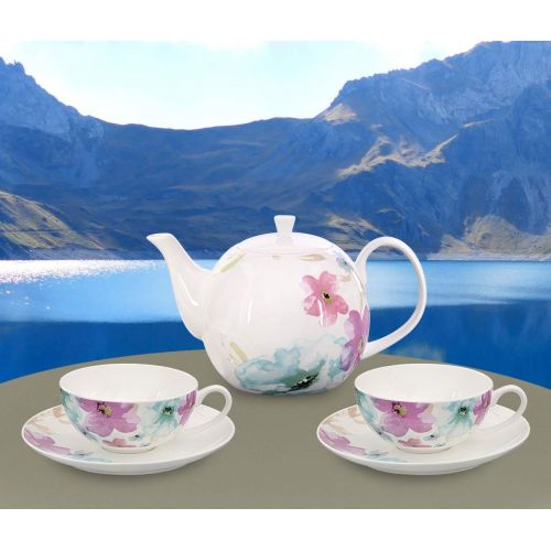  Buchensee Teeservice aus Fine Bone China Porzellan. Teekanne 1,5l mit stilvollem Blumendekor, 2 Teetassen und 2 Unterteller.