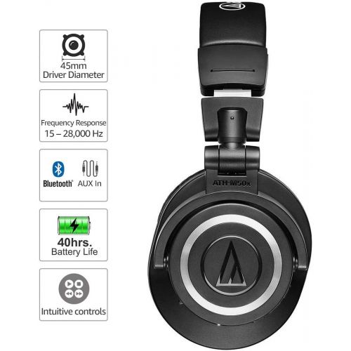 오디오테크니카 Audio-Technica ATH-M50xBT Wireless Bluetooth Over-Ear Headphones, Black, With Exceptional Clarity, Comfort, And 40 hr Battery