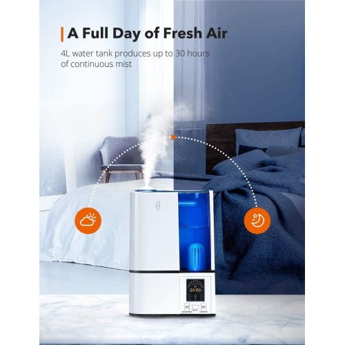  TaoTronics Humidifiers for Bedroom, 4L Cool Mist Ultrasonic Humidifier for Home Baby, Quiet Operation, LED Display, 360° Nozzle, Waterless Auto Shut-off, White -(4L1.06 Gallon, US
