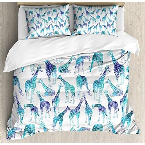  Lunarable Giraffe Duvet Cover Set, Abstract Animal Various Poses Sitting Eating Walking Inspiration, Decorative 3 Piece Bedding Set with 2 Pillow Shams, Queen Size, Blue