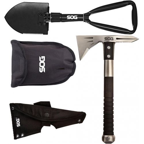 SOG Specialty Knives Multi Bundle Includes 2 Items - SOG Voodoo Hawk Mini F182N-CP - Satin Polished Axe Head, GRN Handle, Nylon Sheath, 2.75 Blade and Entrenching Tool Folding Shovel, High Carbon Steel Handl