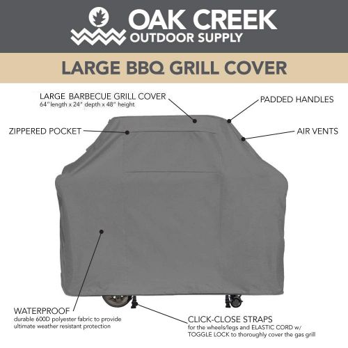  Amazon Oak Creek 64 Inch Gray BBQ Grill Cover Made of Heavy Duty Waterproof 600D Fabric Featuring Air Vents, Click Close Straps, and Elastic Cord That Fits Weber, Char Broil, Dynaglow and
