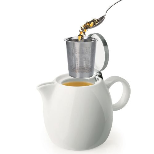  Tea Forte Pugg 24oz Ceramic Teapot with Improved Stainless Tea Infuser, Loose Leaf Tea Steeping For Two, Orchid White