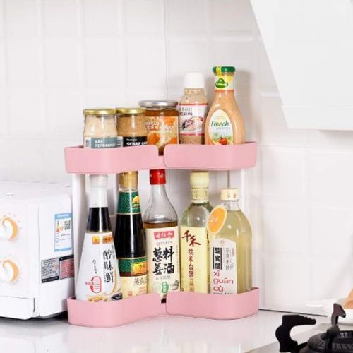  FEOOWV 2 Tier Kitchen Countertop Corner Storage Rack, Bathroom Corner Shelf,Space Saving Organizer for Spice Jars Bottle Holder (StyleC-Pink)