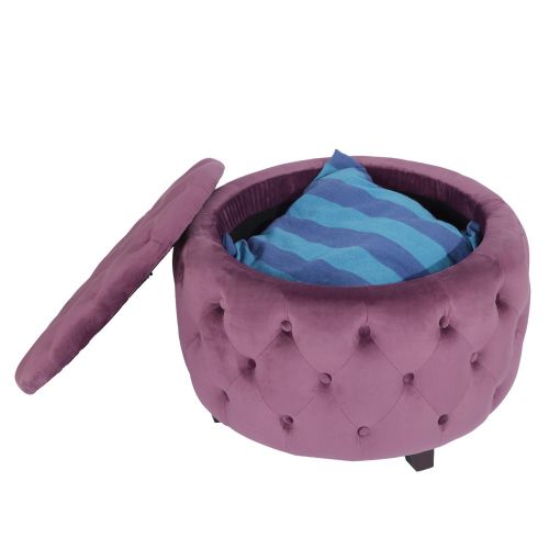  Adeco Round Storage Ottoman, Fabric Foot Rest and Seat, Modern Button Tufted, Wood Legs, Height 18 Inch (Round, Purple)