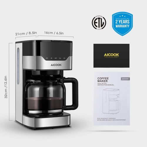  Aicook Kaffeemaschine mit Timer und Kaffeestarke lasst sich Verstellen, Anti-Drip-Funktion, Touchscreen, Dauerfilter, 900 W, Hochwertiger Edelstahl, Schwarz
