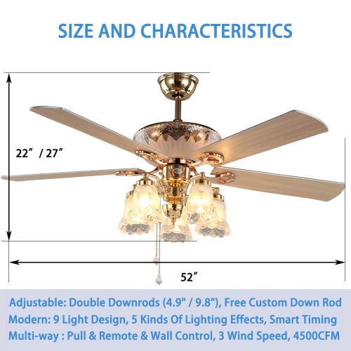  Andersonlight 52-Inch Ceiling Fan with Five Blades and Five Swirled Marble Glass Light Kit, Golden Finish