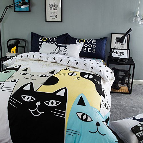  TheFit Paisley Textile Bedding for Teenager Girls and Boy U714 Multi Color and Black Cat Duvet Cover Set 100% Cotton, Twin Queen King Set, 3-4 Pieces (Queen)