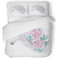 Emvency Bedding Duvet Cover Set Blue Head Watercolor Horse Unicorn Flowers and Ice Cream on Animal Fantasy 3 Piece Set with 2 Pillow Shams Queen 90x90 Zipper Closure