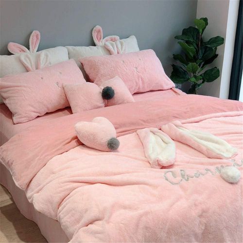  EVDAY Cute Korean Princess Style Girls Bedding Set Super Warm Thick Gray Flannel Bedding for Kids Including 1Duvet Cover,1Flat Sheet,2Pillowcases King Queen Full Twin Size