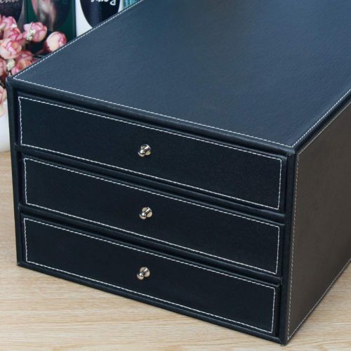  OR&DK Retro File Storage Box, 3 Layers Office Supplies Storage Cabinet Multi-Functional Organizer with Sliding Drawer-Black