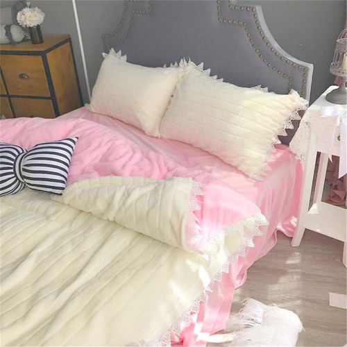  EVDAY Pink Korean Girls Bedding Sweet Candy Color Ultra Soft Short Plush Thick Winter Flannel Bedding Including 1Duvet Cover,1Bedskirt,2Pillowcases King Queen Full Twin Size