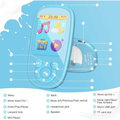  [아마존베스트]AGPTEK Bluetooth MP3 Player for Kids, Children Music Player with Built-in Speaker 8GB, 2.4 Inch HD Screen, 10 Soothing Sounds, FM Radio, Video, Voice Recorder, Expandable Up to 128