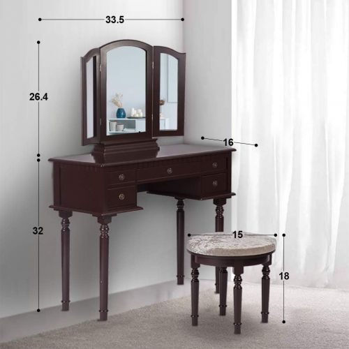  FDW Vanity Beauty Station with 5 Organization Drawers and 3 Mirror Tri-Folding Makeup Table Cushioned Stool,Cherry