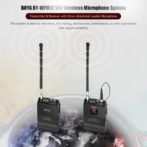  BOYA BY-WFM12 VHF Wireless Microphone System with Omni-Directional Lavalier Microphone 12 Switchable Frequencies 3.5mm Mini Jack for Smartphone DSLR Camera Camcorder with Andoer Cl