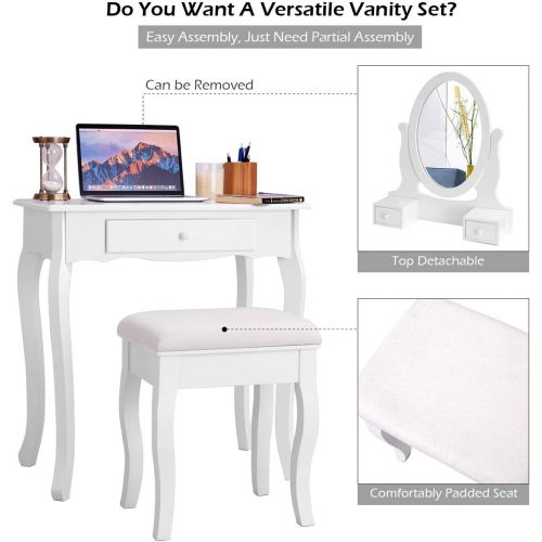 자이언텍스 Giantex Vanity Table Set 3 Drawers with Mirror, Cushioned Bench Bathroom Bedroom Wood Room Vanities Removable Top Dual Use Jewelry Makeup Dresser Desk, Dressing Tables w/Stool, Whi