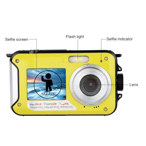  Ocamo 1080P Full HD Waterproof Digital Camera Underwater Camera 24 MP Video Recorder Selfie Dual Screen DV Recording Camera Blue