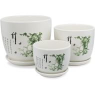 상세설명참조 Dahlia Set of 3 Hand Painted Ceramic Planter/Plant Pot/Flower Pot w. Attached Saucer, Bamboo