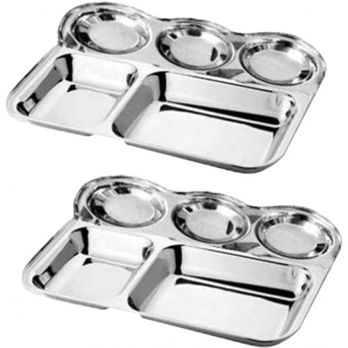  WhopperIndia Heavy Duty Stainless Steel Rectangle/Square Deep - 2.7 cm Dinner Plate w/5 Sections Mess Trays for Kids Lunch, Camping, Events & Every Day Use 6 Pcs - 34 cm each
