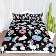 [아마존베스트]ARIGHTEX Chubby Unicorn Bedding Kids Girls Cute Unicorn in Rainbow Sprinkles Donut Pattern Duvet Cover 3 Piece College Dorm Sweet Bed Sets (Twin)