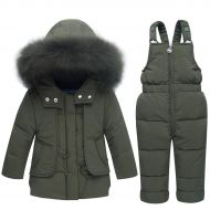 Staringirl 2 Pcs Baby Kids Boys and Girls Winter Warm Hooded Fur Trim Snowsuit Puffer Down Jacket with Ski Bib Pants Clothes