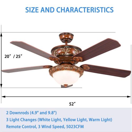  Andersonlight Modern Ceiling Fan with Five Harvest MahoganyBrazilian Cherry Reversible Blades and LED Light Kit, Contemporary Chandelier Fan Light, Remote Control, New Bronze, 52-