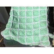 LovelyGR Child blanket crochet Light Green Background White Square Crochet Blanket Throw Soft akrylic yarn