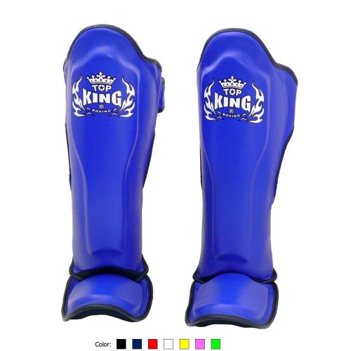  KINGTOP Top King Muay Thai Shin Pads TKSGP GL - Shin Guards Pro Genuine Leather -Blue wBlack Trim size: M L XL, Shin Protection for Muay Thai Kick Boxing MMA K1 (Blue, M)
