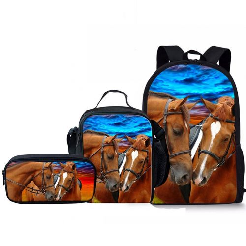  Sannovo Crazy Horse Backpack Set 3 Pieces Patterned Lunchbox School Pencil Bag