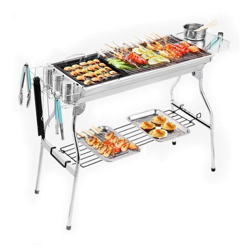  Barbecue Stainless Steel Grill Charcoal Grill Outdoor Grill for More Than 5 People Full-Feature Picnic Tools Folding Garden Grill Tool Set (Color : Silver, Size : 11033.570cm)