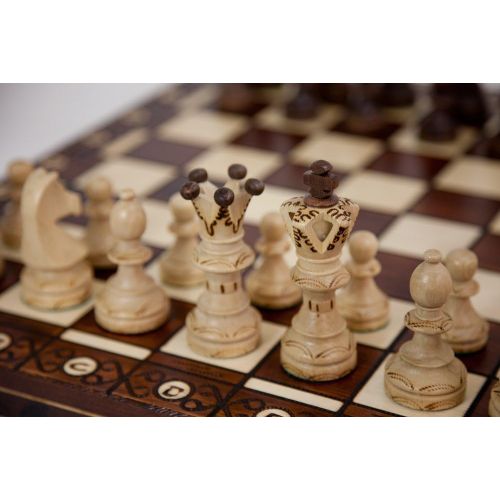  Wegiel Handmade European Ambassador Chess Set - Wooden 21 Inch Beech & Birch Board With Felt Base - Carved Hornbeam & Sycamore Wood Chess Pieces - Compartment Inside The Board To S