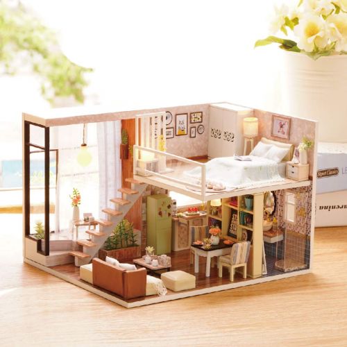  Yamix 3D Wooden Puzzle Miniature Dollhouse DIY Doll House Kit Handmade 3D Puzzles Dolls Houses with Led Lights and Furniture Best Gift for Women and Girls (Waiting for The Time)