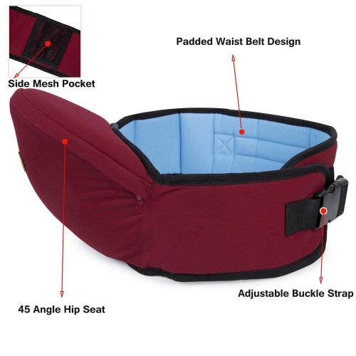  WSERE Hip Seat Cushion Hipseat Carrier Waist Stool with Mesh Pocket for Toddler Baby Infant, Ergonomic and Lightweight, Adjustable and Safe, Red