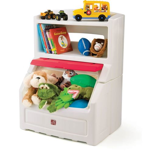 스텝2 Step2 Lift and Hide Bookcase Storage Chest for Kids - Durable Plastic Toy Box Bookshelf Organizer, WhiteRed