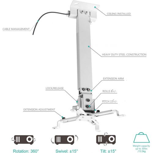  [아마존베스트]WALI Universal Projector Ceiling Mount Multiple Adjustment Bracket with 25.6 inches Extension Pole, Hold up to 44 lbs (PM-001-WHT), White