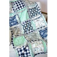 A Vision to Remember Bear Blanket - GrayNavy Blue PlaidMint - QUILT Only