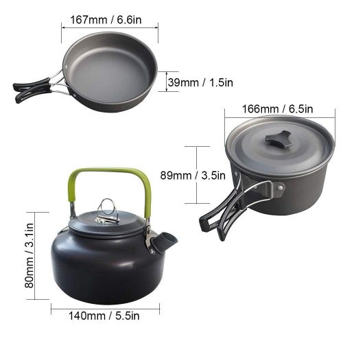  TAESOUW-Camping Outdoor Aluminium Compact Camping Cookware Mess Kit Pot Pan Kettle Cups Spork Hook Cooking Equipment Collapsible Portable Backpacking Cookset with Mesh Bag Outdoor Camping