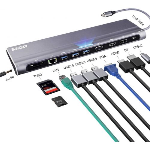  AZDOME USB C Hub, 12 in 1 Multi-Port USB 3.0, Secure Docking Station with Charging Power, Audio, 4K HDMI, VGA, Gigabit Ethernet, MicroSD Card Reader for iMac Pro, Chromebook, MacBook Pro