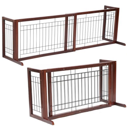  Pet Fence Gate Free Standing Adjustable Dog Gate Indoor Solid Wood Construction