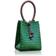 QTKJ Hand-woven Mini Retro Straw Handbag Bag Summer Beach Boho Rattan Tote Travel Bag with Wood Beaded Tassel Pendant (Green)