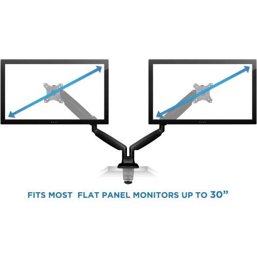  Mount-It! Dual Monitor Arm Mount | Desk Stand | Two Articulating Gas Spring Height Adjustable Arms | Fits 2 x 24 27 29 30 32 Inch VESA 75 100 Compatible Screens | C-Clamp and Gromm