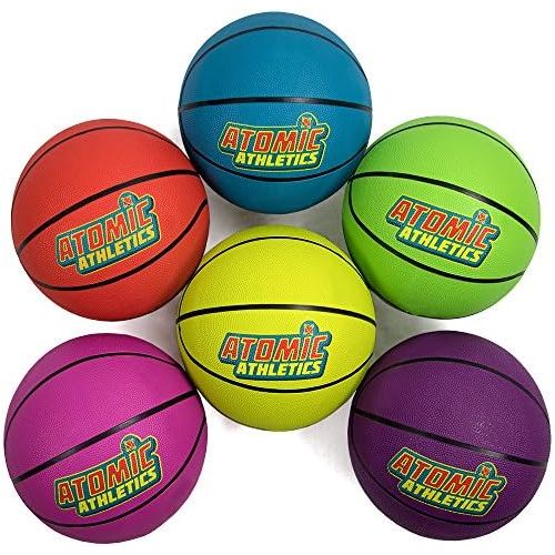  Atomic Athletics 6 Pack of Neon Rubber Playground Basketballs - Regulation Size 7, 9.5 Balls with Air Pump and Mesh Storage Bag by K-Roo Sports