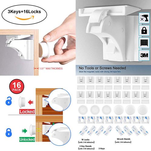  Rungfa 16PCS Baby Safety Magnetic Cabinet Locks Child Proof Cupboards Drawers Invisible