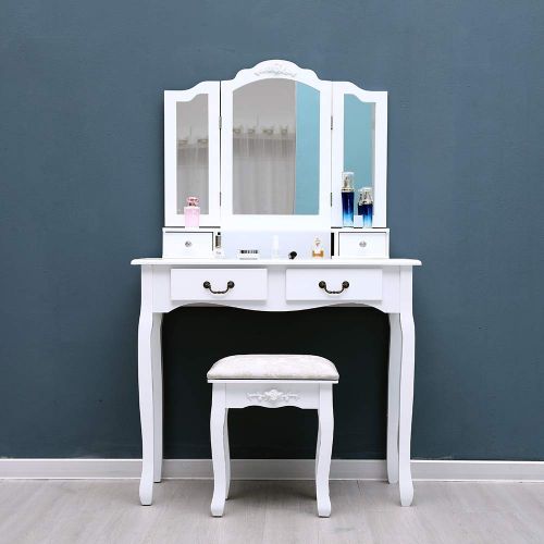  SF Tenozek Tri-fold Mirror 4-Drawer Dresser Dressing Table with Dressing Stool White