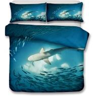 YJBear 3 Piece Christmas Brushed Bedding Set Undersea Water Great Shark Printed Quilt Coverlet Set for Boys Toddlers Bedroom Teal, 1 x Duvet Cover and 2 x Pillowcases, US Queen Siz