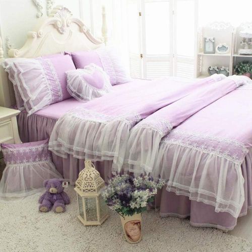  Abreeze 100% Cotton 4pc Elegant Princess Girls Fairy Bedding Sets European Rural Style Bed Skirt Lace Flouncing Duvet Cover Set Twin Purple