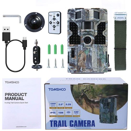  TOMSHOO Trail Game Camera 16MP 1080P Waterproof Hunting Scouting Cam for Wild Monitoring with 120°Detecting Range Motion Activated Night Vision 2.4” LCD IR LEDs Time Lapse 70ft Ran